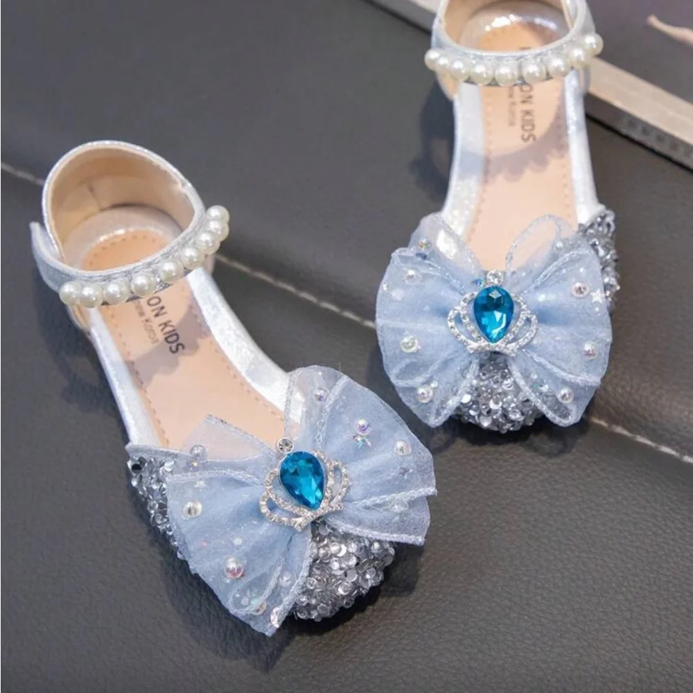 Girls Blue Pearl Princess Bow Dress Shoes - Kids